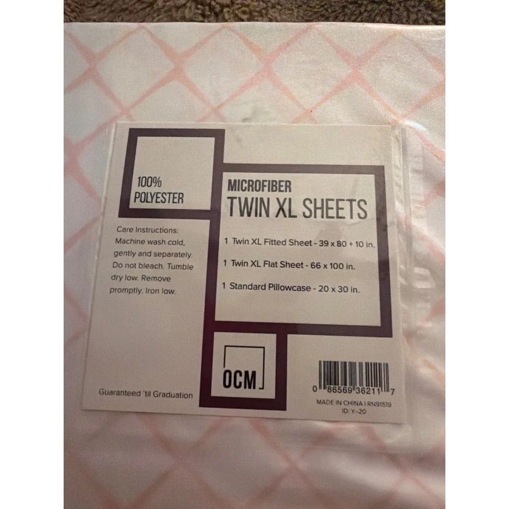 OCM Twin XL Sheet Set Microfiber Pink White Geometric Lattice 3 Piece Dorm New